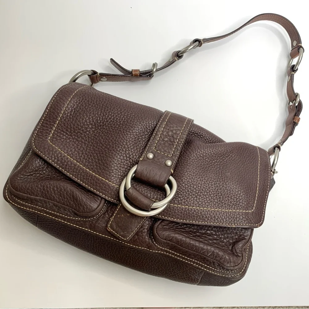 Vintage Y2K Coach Chelsea Bag Flap Hobo Brown Pebbled Leather Snap Closure